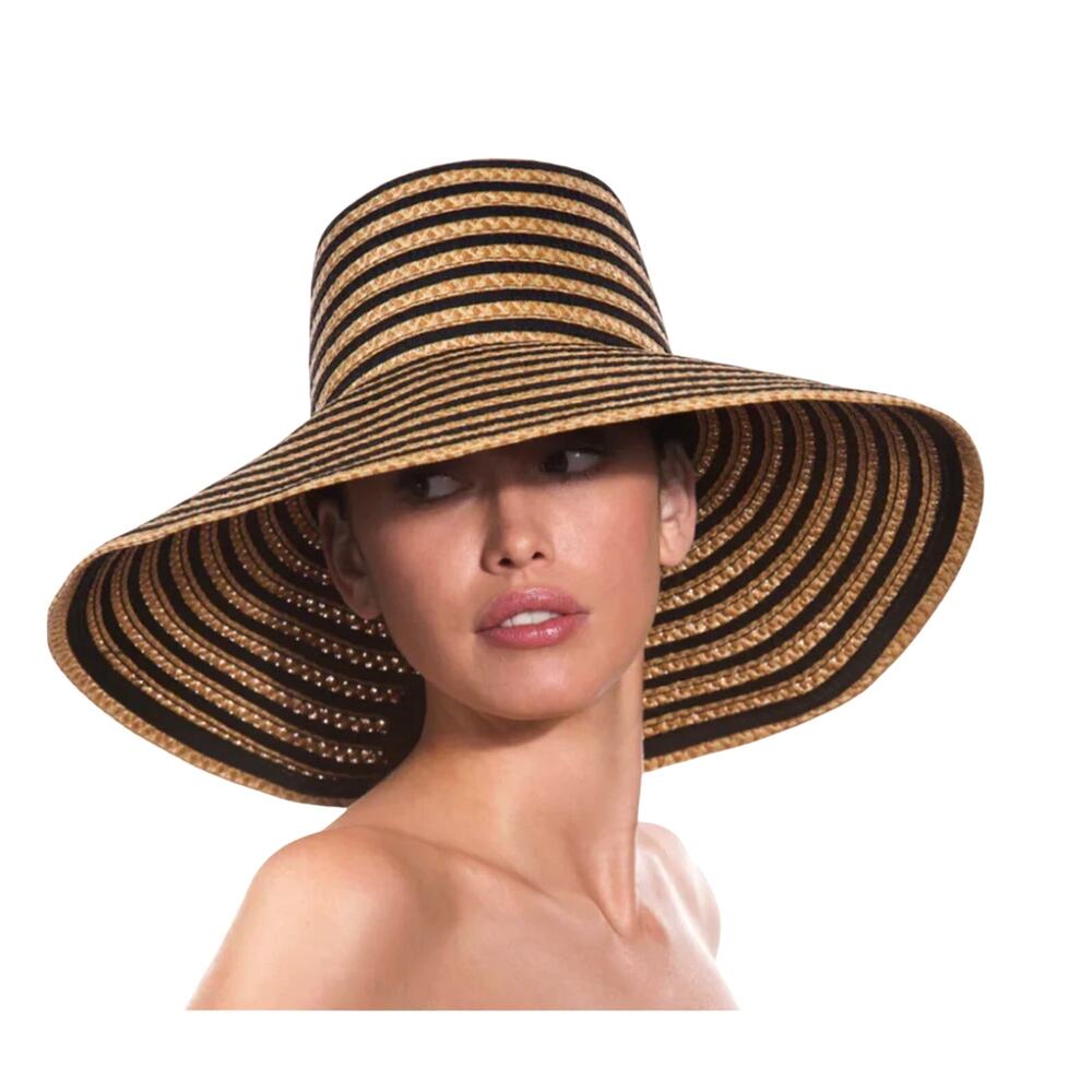 Eric Javits Margot Sun Hat Black Tan Stripe Wide Brim UPF 50+ Packable Straw Hat